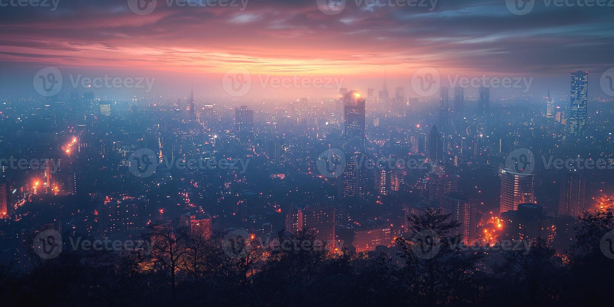 A breathtaking twilight view of a vibrant city skyline, illuminated under a dramatic sky with hues of orange and blue. photo