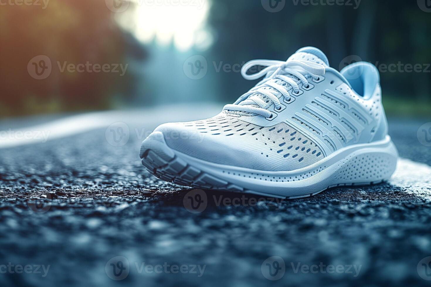 A close-up of a stylish white athletic shoe on a blurred road, embodying fitness and outdoor activity. photo