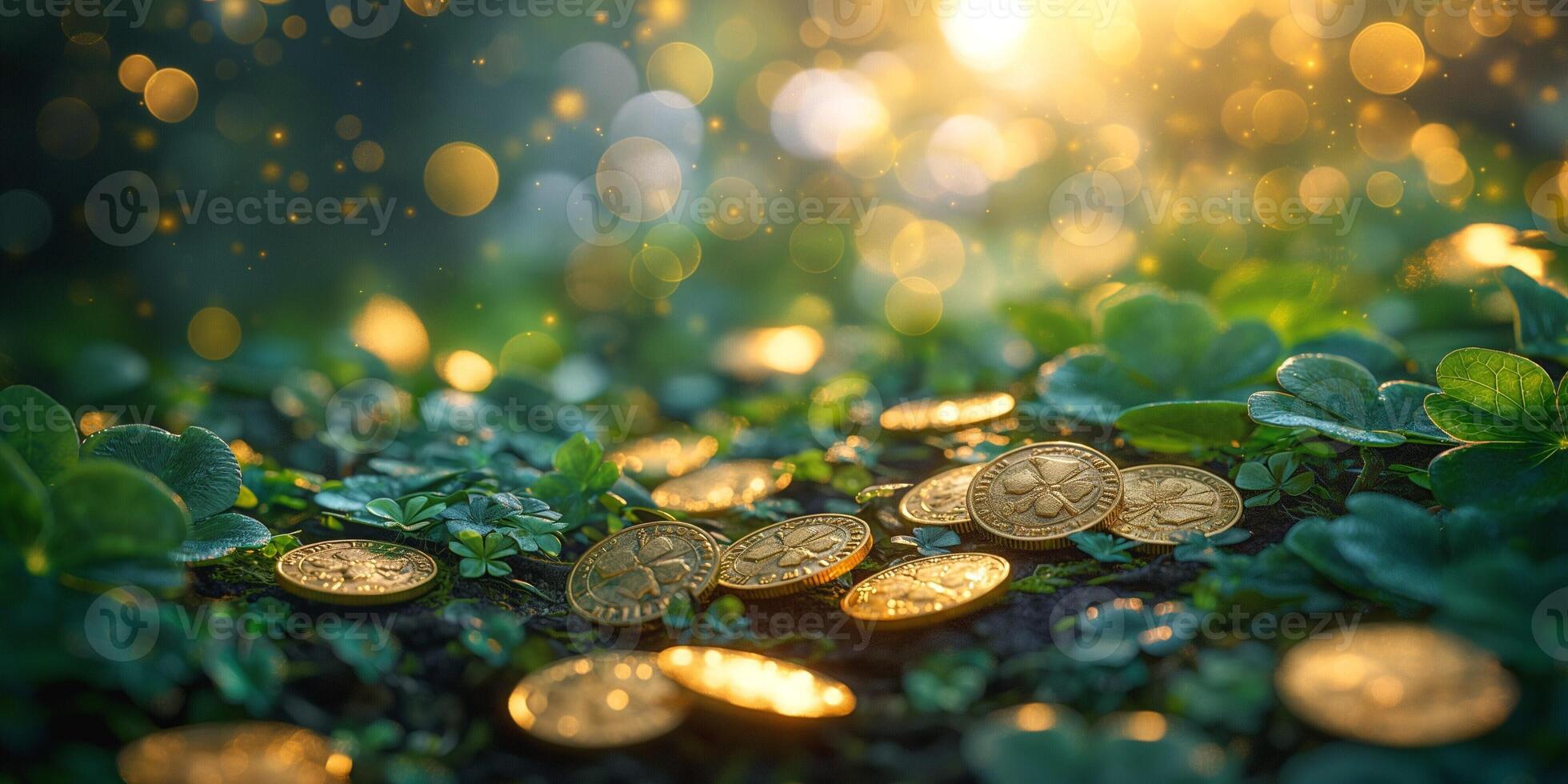 A dreamy scene of golden coins scattered among vibrant green clovers, illuminated by soft sunlight and bokeh effects. photo