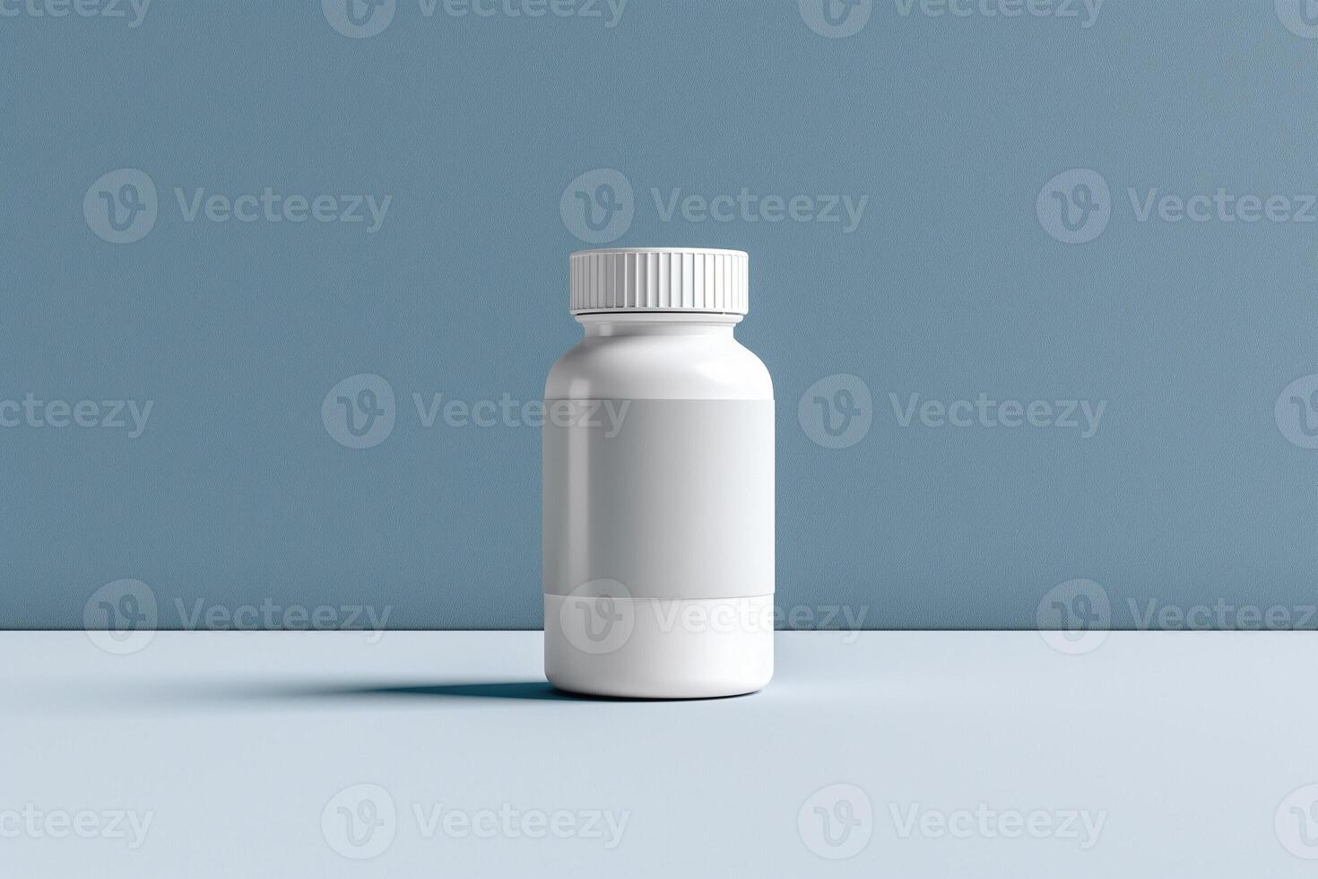 A minimalist white bottle on a smooth surface against a soft blue backdrop, perfect for health and wellness themes. photo