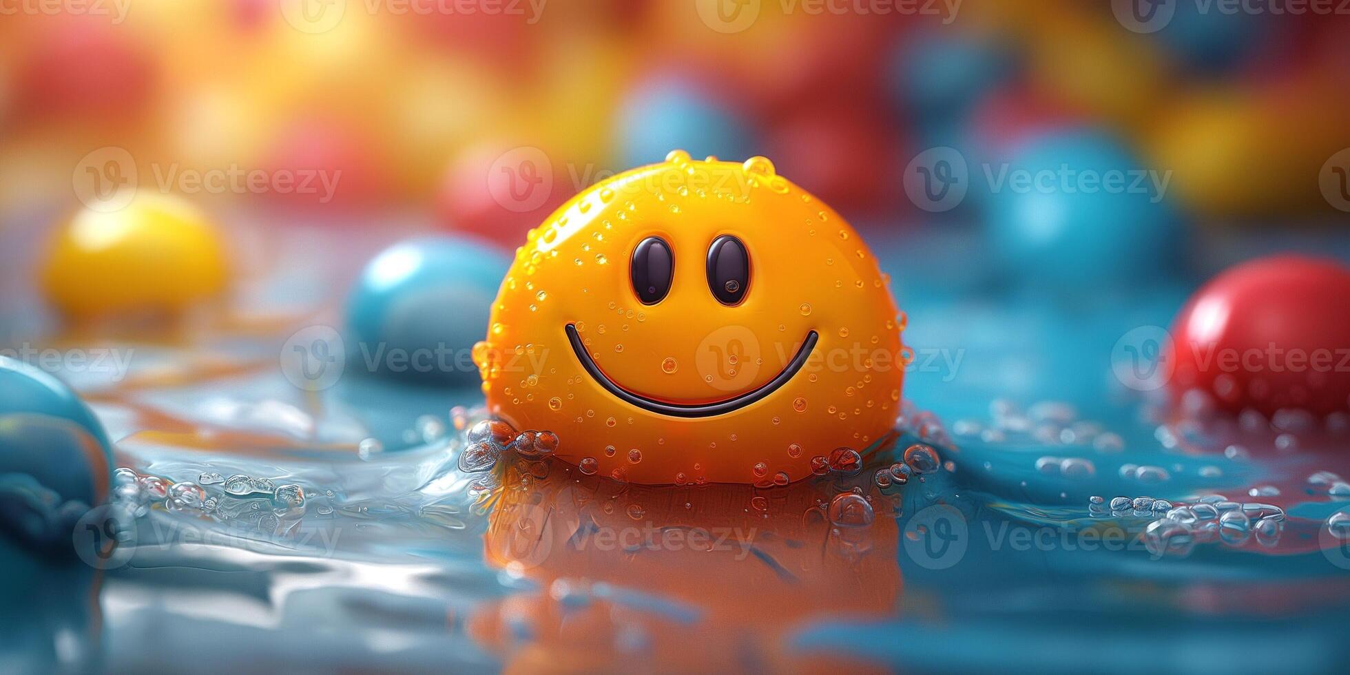 A vibrant yellow smiley face float amidst colorful bubbles in a playful, cheerful atmosphere. photo