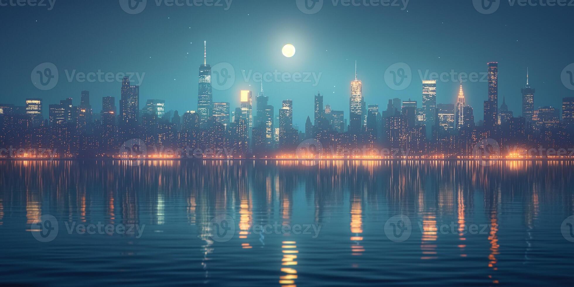 A stunning night view of a city skyline reflecting on calm waters under a full moon. photo