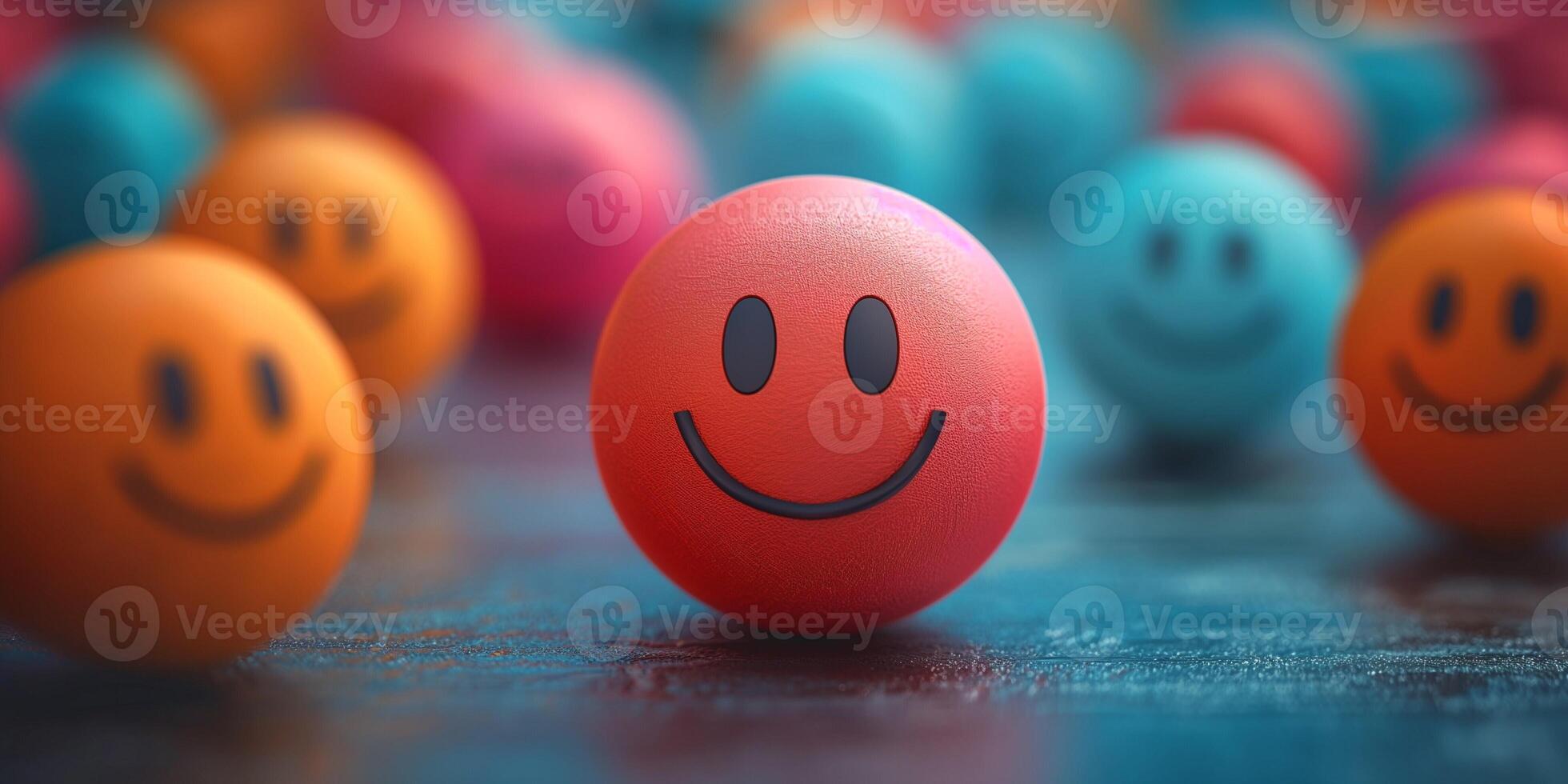 A vibrant array of colorful smiley face balls, featuring a prominent red one in the foreground, radiating joy. photo