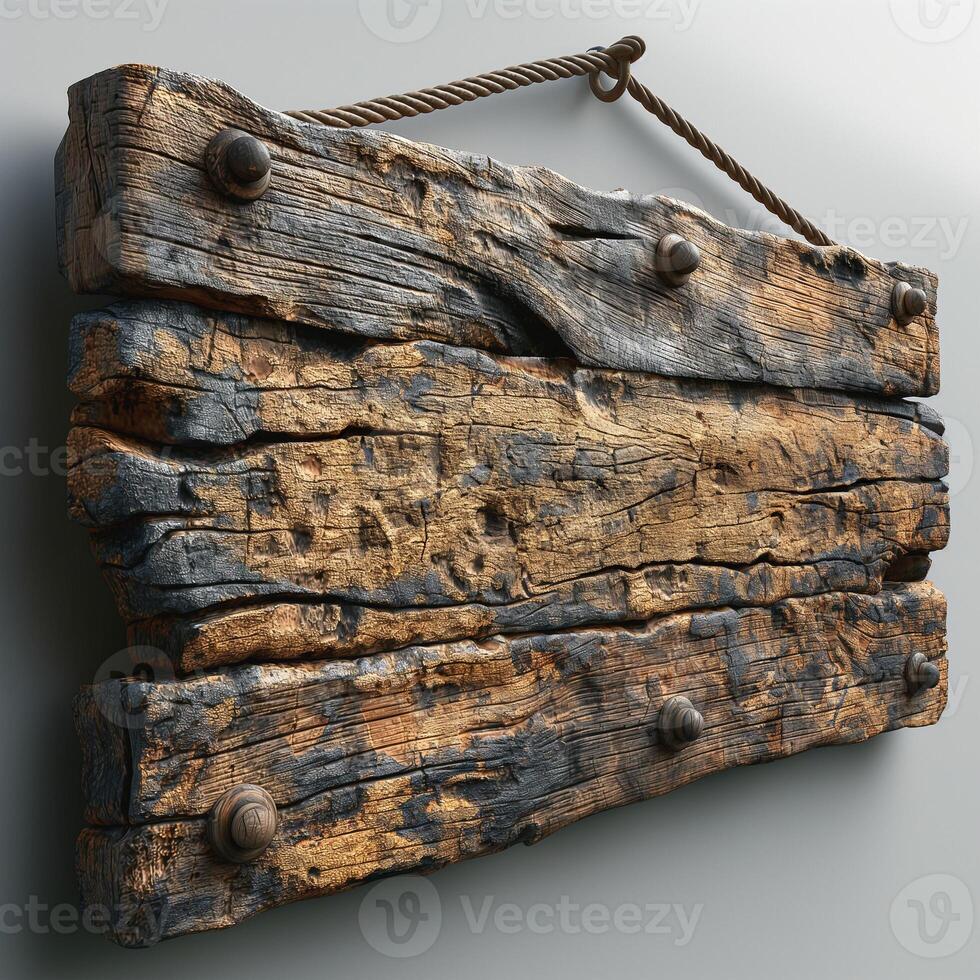 Weathered wooden sign with a rustic appeal, showcasing deep textures and a rope for hanging. photo