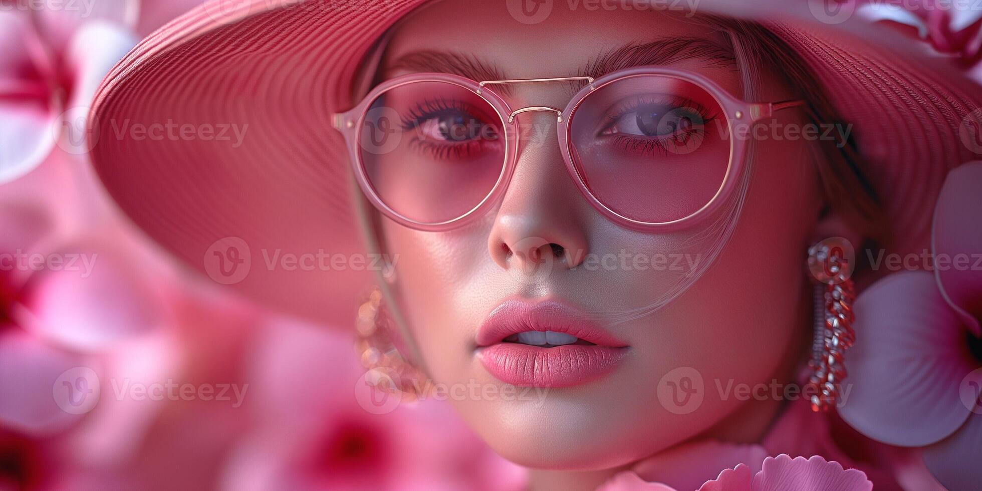 A young Caucasian woman with a glamorous look, wearing a wide-brimmed hat and sunglasses amidst vibrant pink flowers. photo