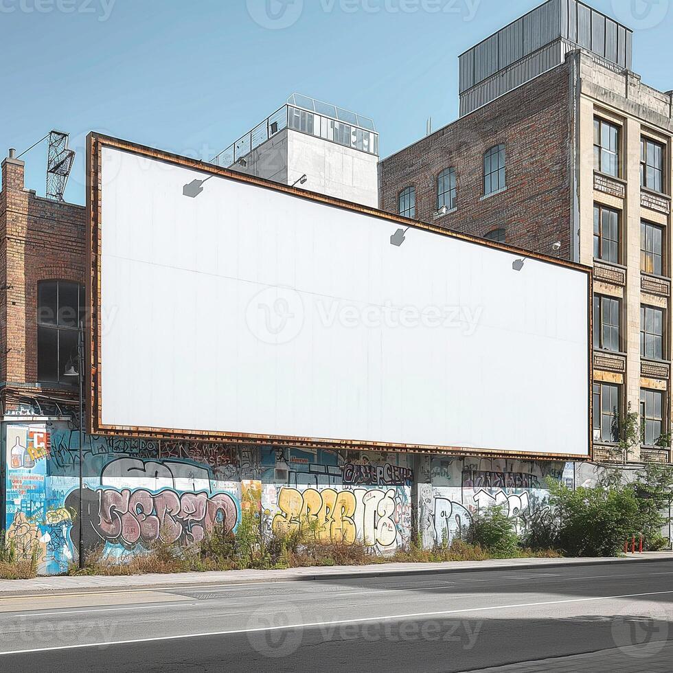 An empty billboard stands against a backdrop of colorful graffiti on a sunny day, adding a touch of urban charm. photo