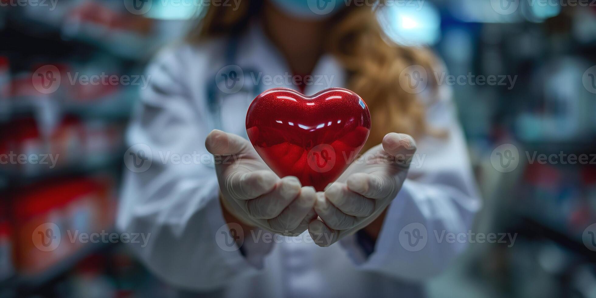 A female healthcare professional in a lab coat holds a red heart symbol, symbolizing care and compassion. photo