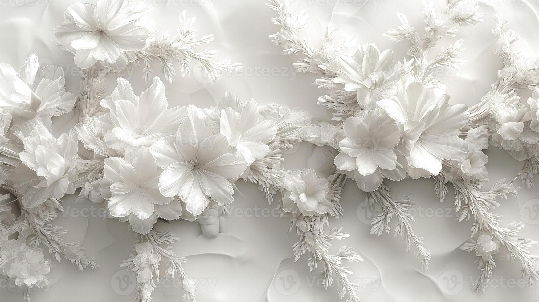 Elegant white floral design featuring intricate flowers and delicate leaves on a smooth backdrop. photo