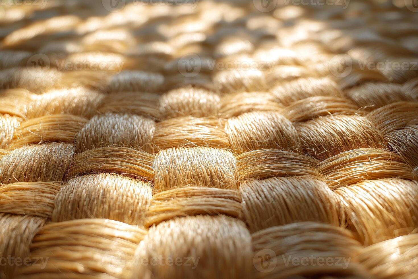 Close-up of a beautifully woven natural fiber mat, showcasing intricate patterns and warm, golden hues. photo