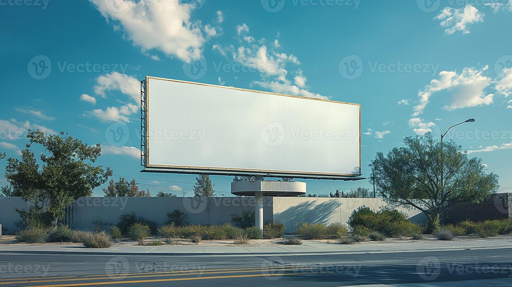 An empty billboard stands against a blue sky with soft clouds, surrounded by greenery. photo