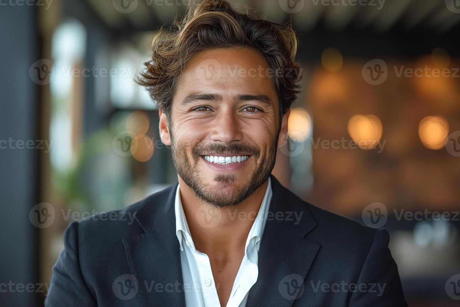 A smiling young Caucasian man in a tailored suit, embodying confidence and charisma in a stylish setting. photo