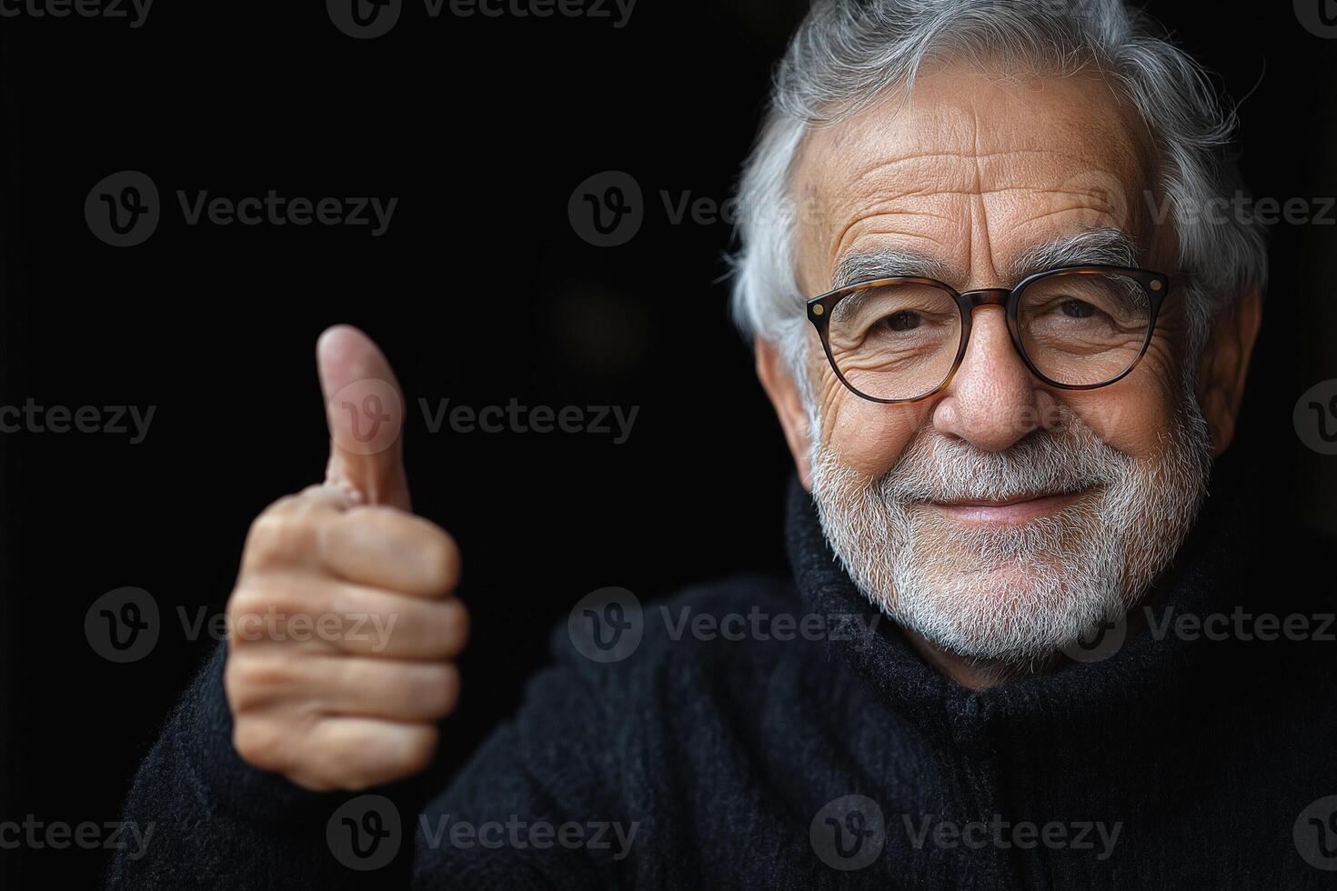 Smiling older man giving a thumbs up with a cheerful expression on his face against a dark background. photo