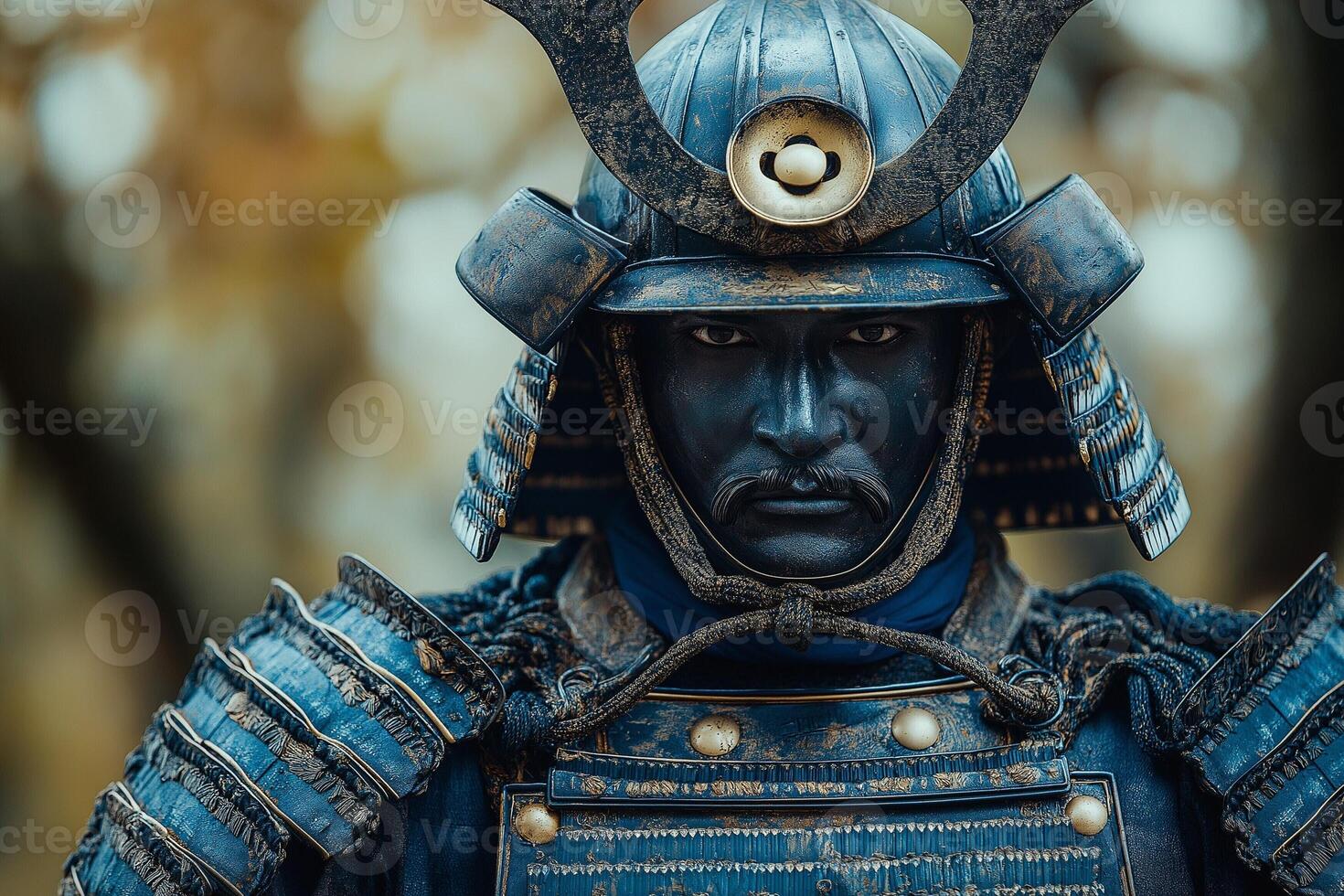 A male Asian warrior in a traditional blue samurai armor, displaying a fierce expression under a dramatic sky. photo