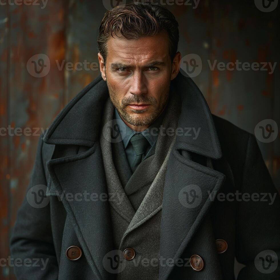 Handsome Caucasian man in a stylish dark coat and scarf, exuding confidence with an intense expression against a rustic backdrop. photo