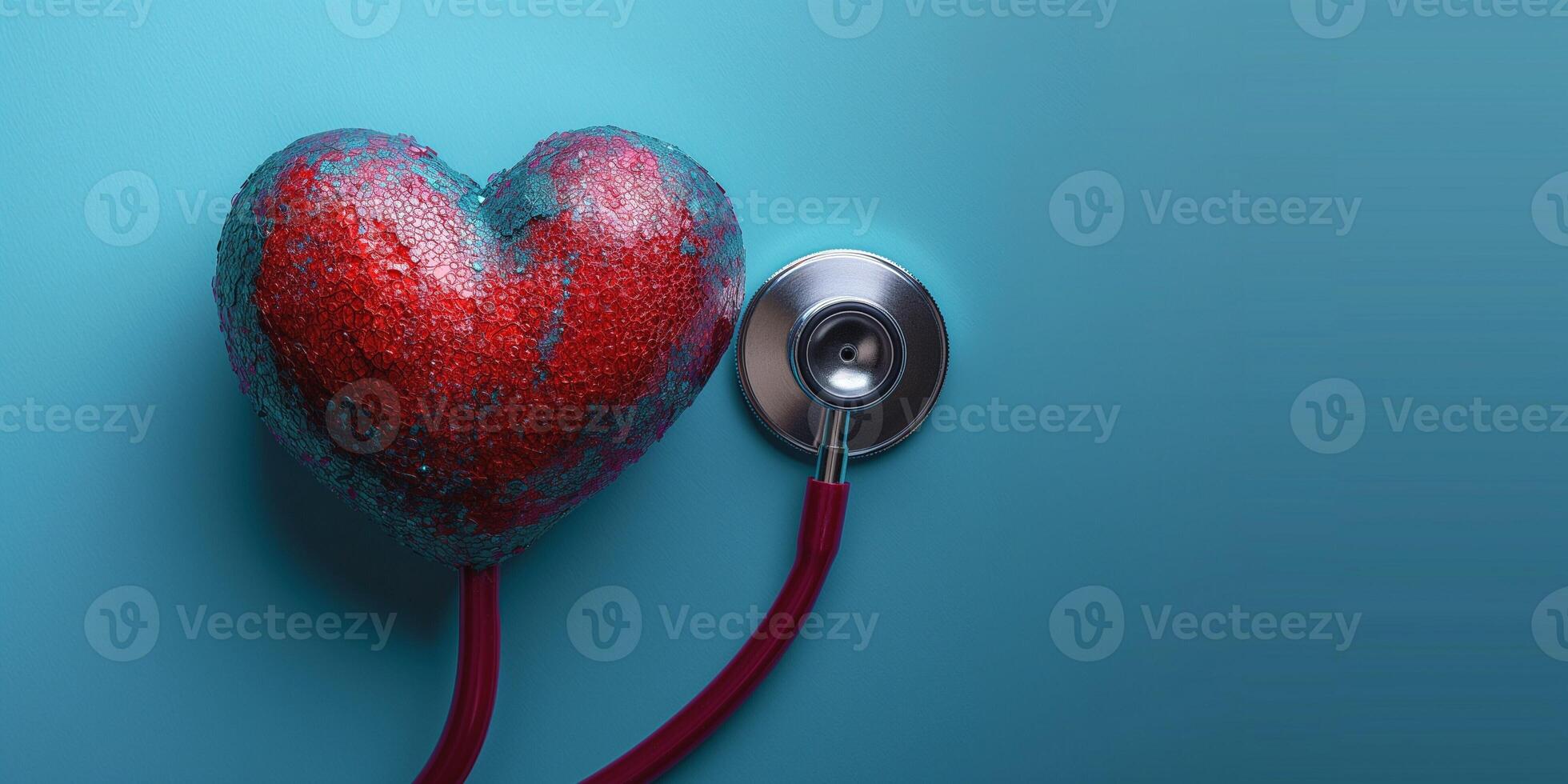 A vibrant heart sculpture in bright red and blue colors rests next to a metallic stethoscope, symbolizing health and wellness. photo
