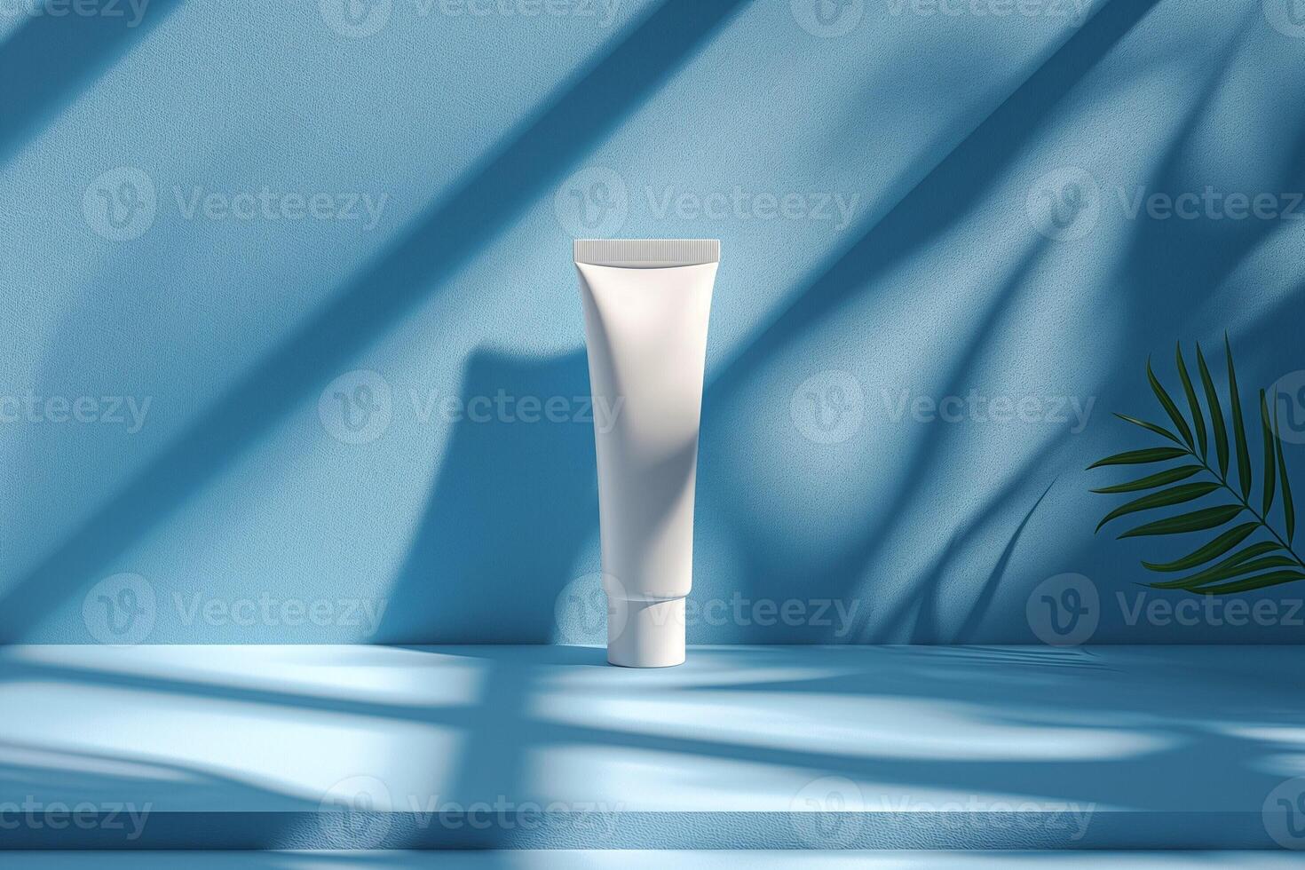 Minimalist skincare product on a blue background, complemented by gentle shadows and tropical leaf accents. photo