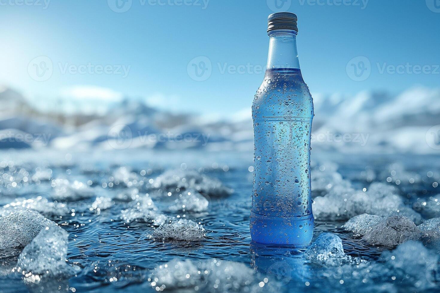 A refreshing blue water bottle standing on an icy surface, surrounded by crystal-clear water droplets. photo