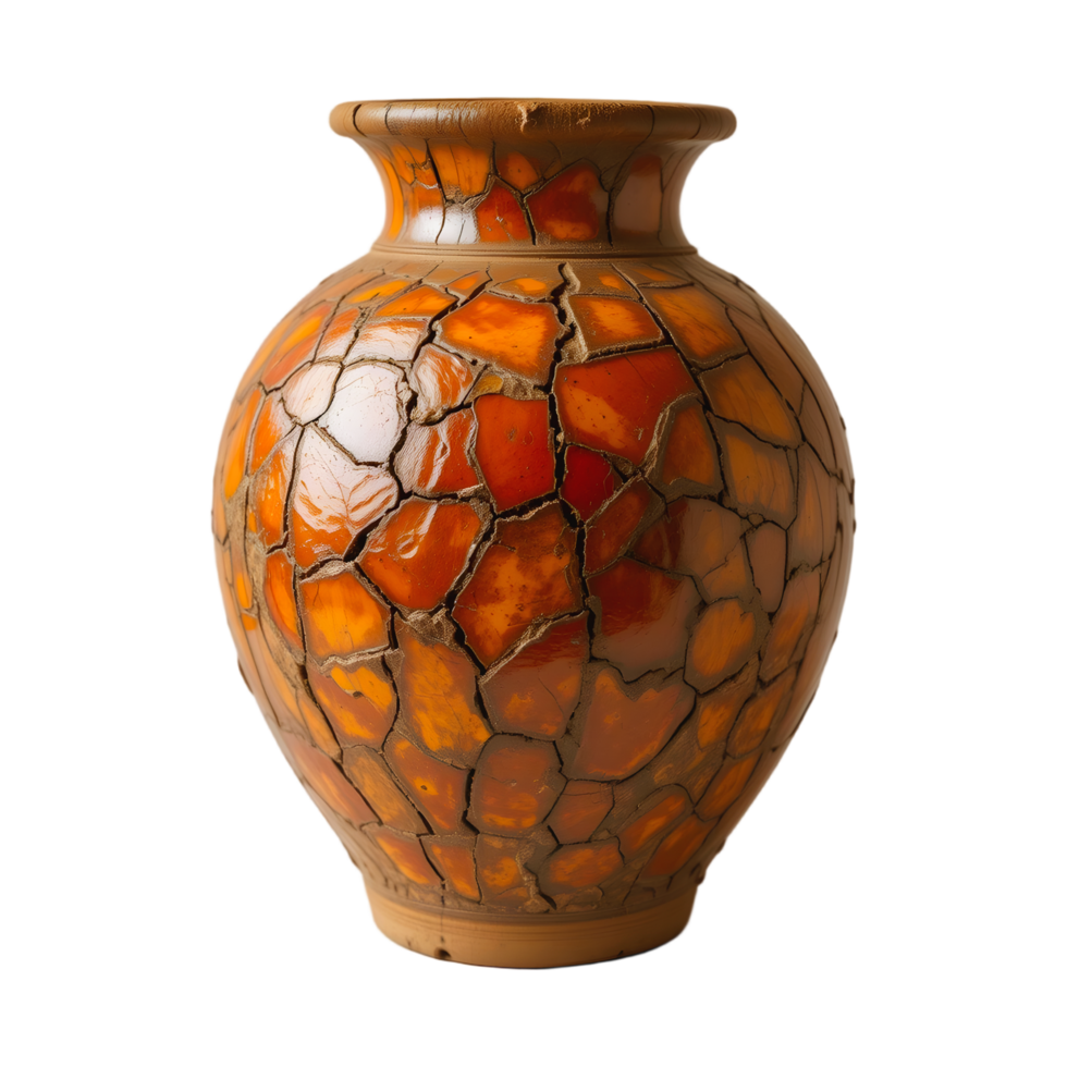 Crackled Ceramic Vase Orange Brown Mosaic Pattern Pottery Art Rustic Handcrafted Decorative Vessel Autumnal Hues png