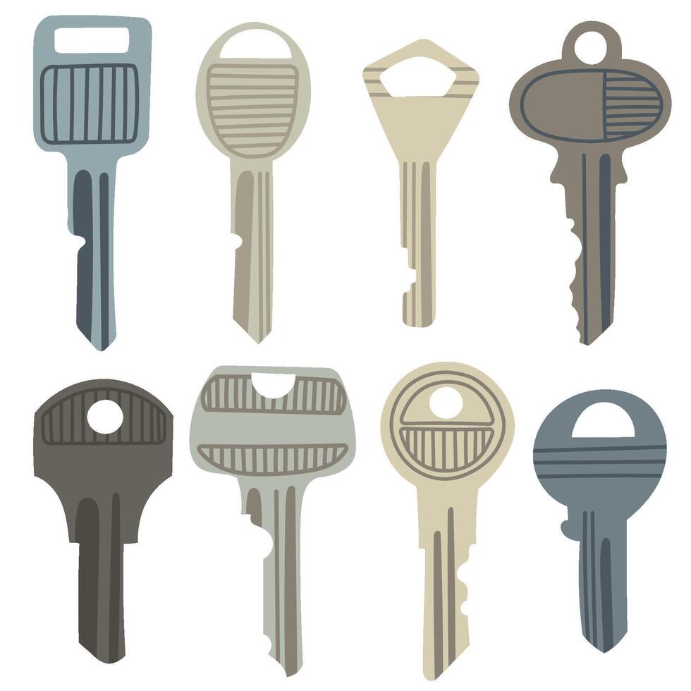 Keys in various shapes and sizes for unlocking doors, for security and home-themed designs.House, apartment or room locking accessories. vector