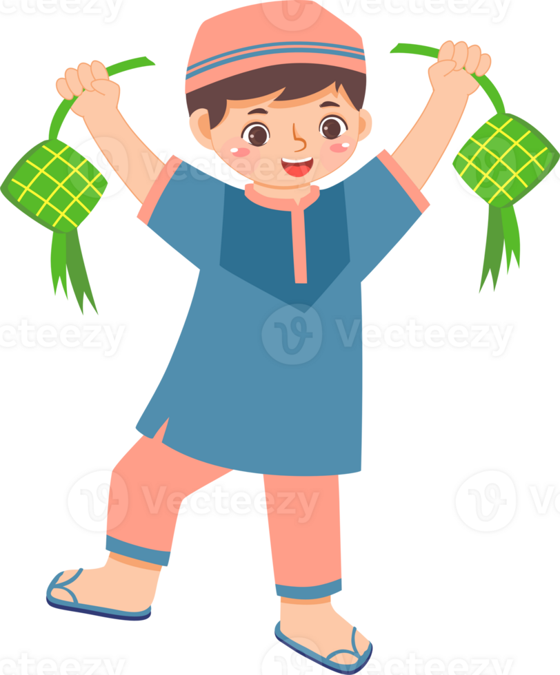 Cheerful Muslim Boy holding Ketupat png