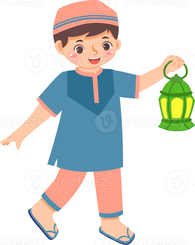 Cheerful Muslim Boy holding lantern png