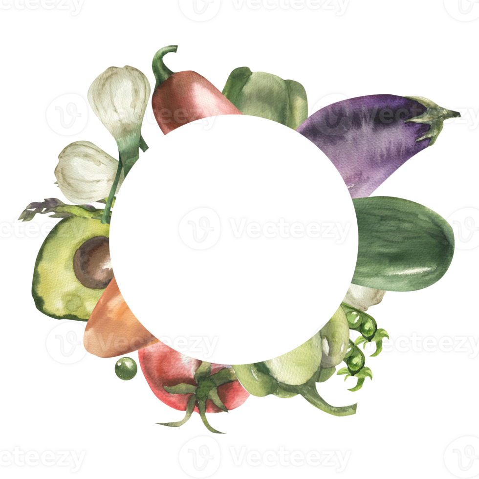 Fresh vegetables watercolor frame with tomatoes,onion,avocado,pepper and eggplant illustrations. Hand drawn vegan food banner with copy space for cafe,restaurant menu, wallaper, poster design png
