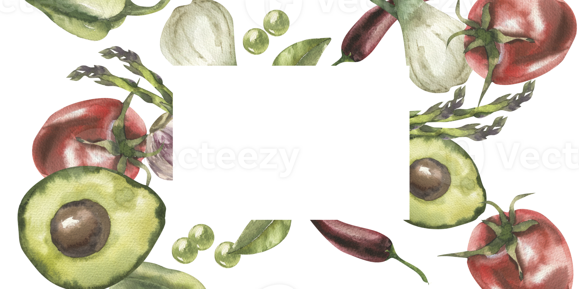 Vegan food frame with watercolor avocado, tomato, onion, pepper and bay leaves illustration. Isolated vegetables banner with copy space for vegan poster, menu,placemat design. Wallpaper, healthy food png