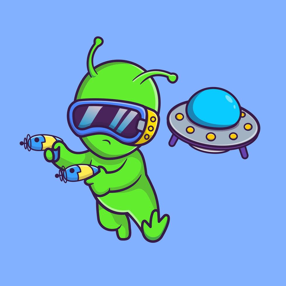 Cute Alien Playing VR Game WIth Space Gun And UFO Cartoon vector