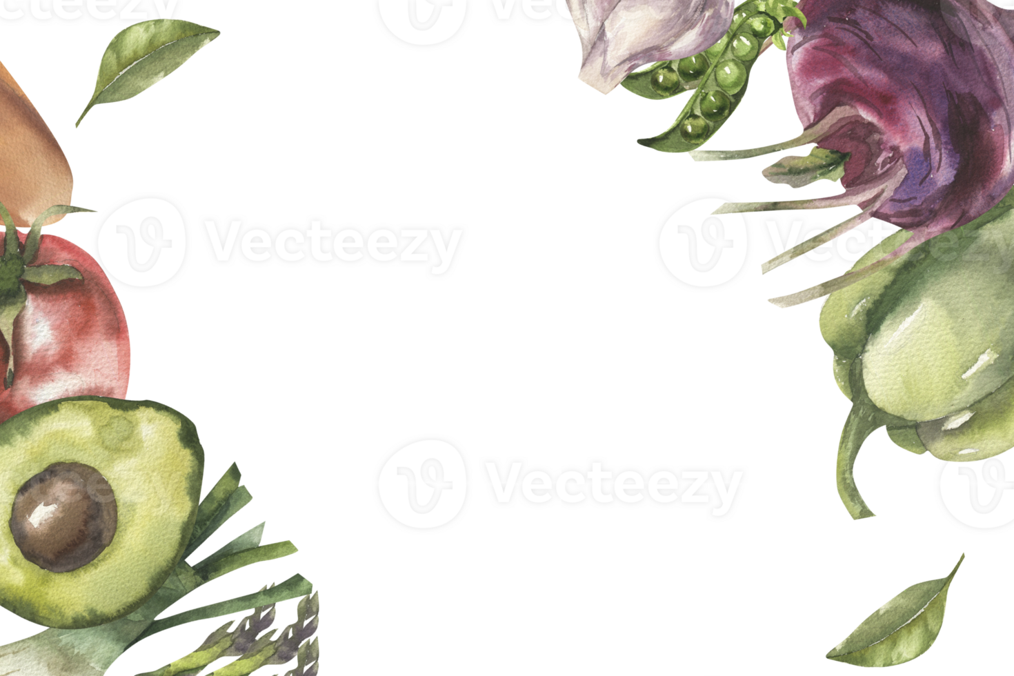 Fresh vegetables banner with watercolor avocado,tomato,pepper, asparagus, kohlrabi and bay leaves illustration.Isolated vegan food frame with copy space for fresh market, menu, cafe, wallpaper design png