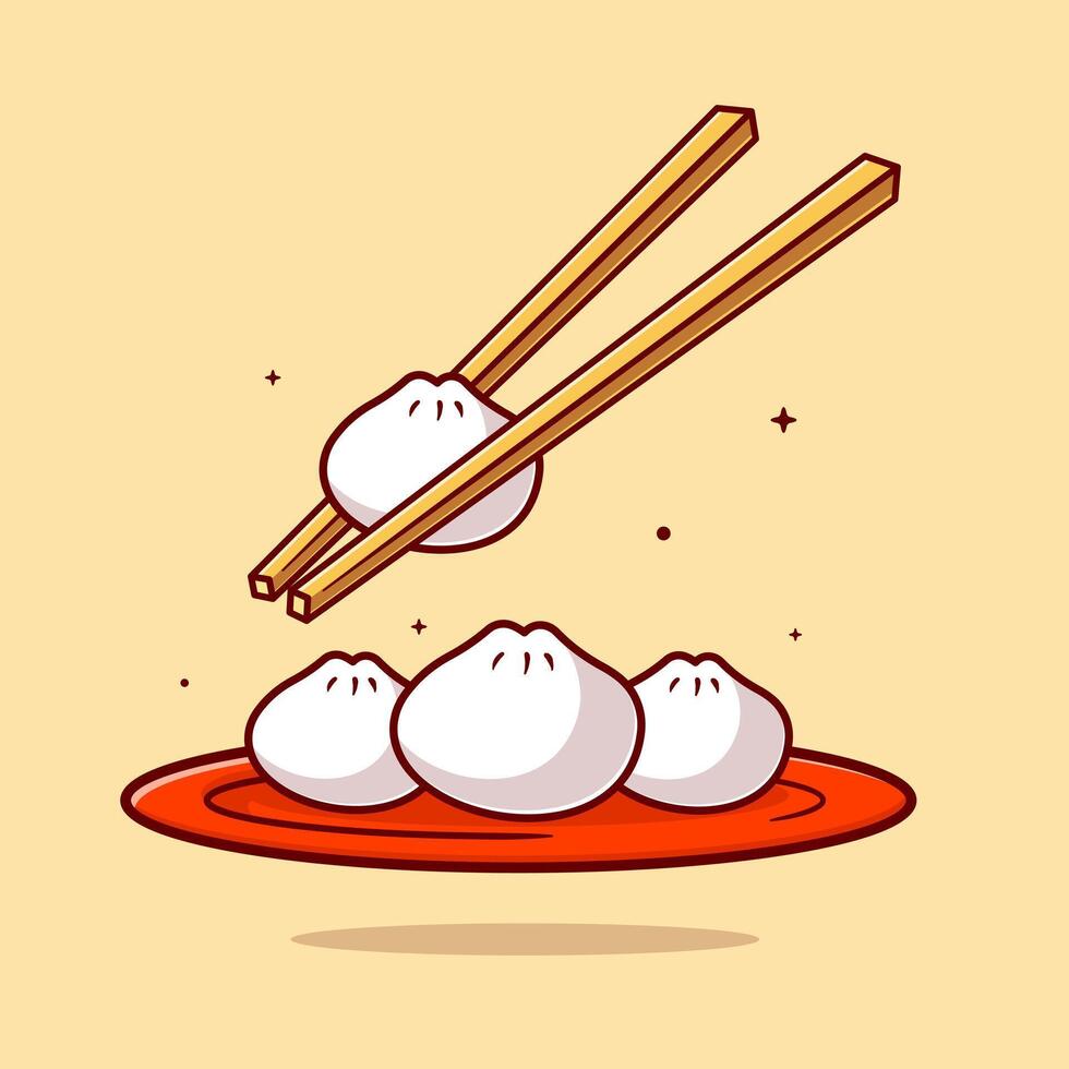 Dim Sum On Plate With Chopstick Cartoon vector
