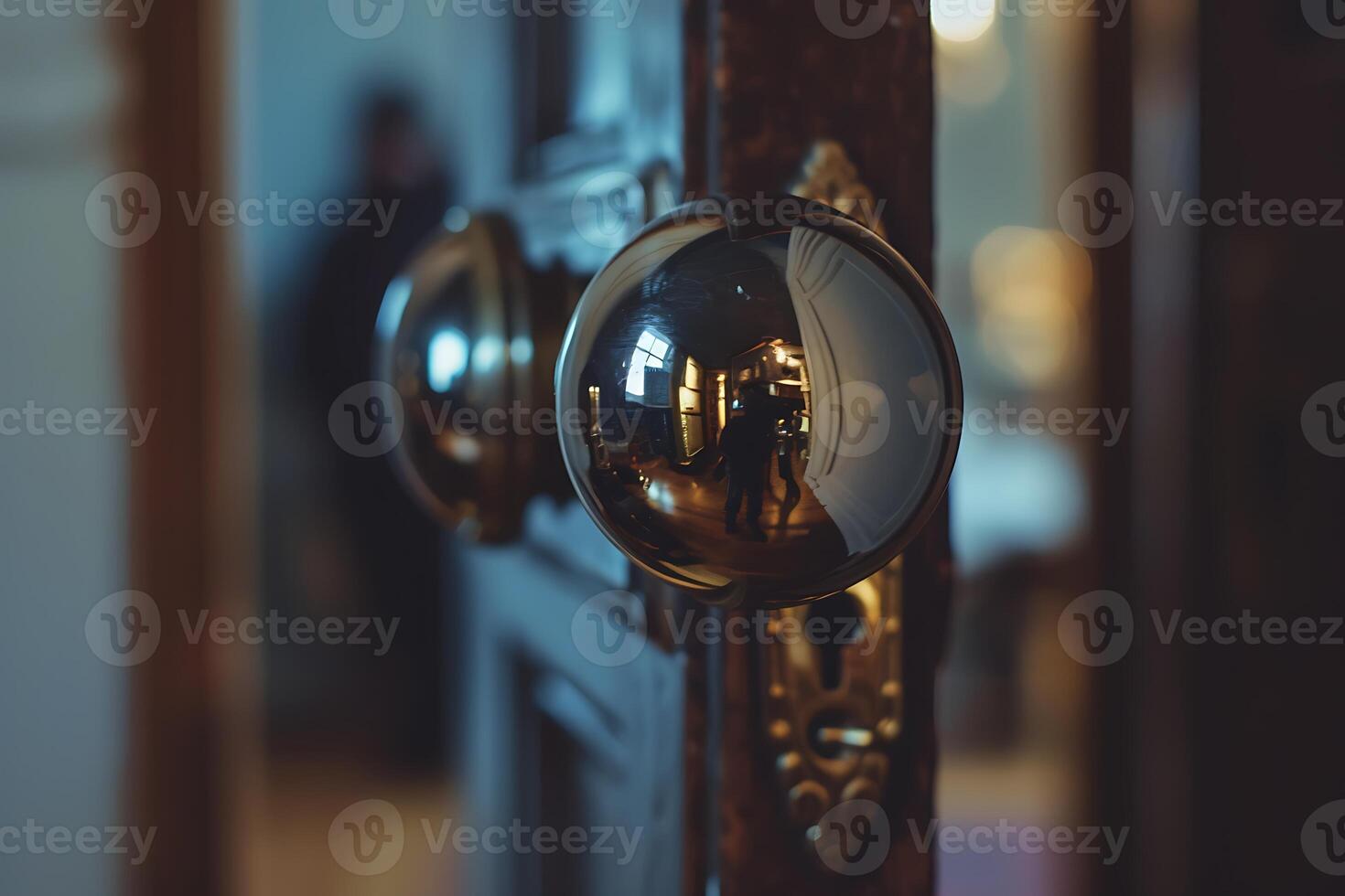 A close up of a door knob with a reflection of a person photo