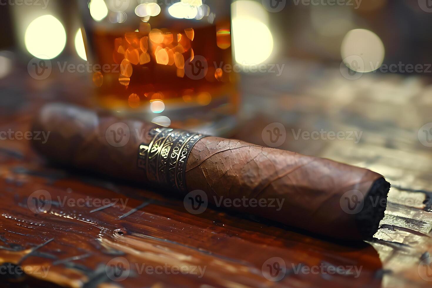 A cigar sitting on a wooden table with a glass of whiskey photo