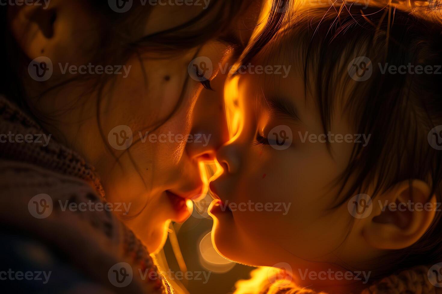 A woman and child are kissing in the dark photo