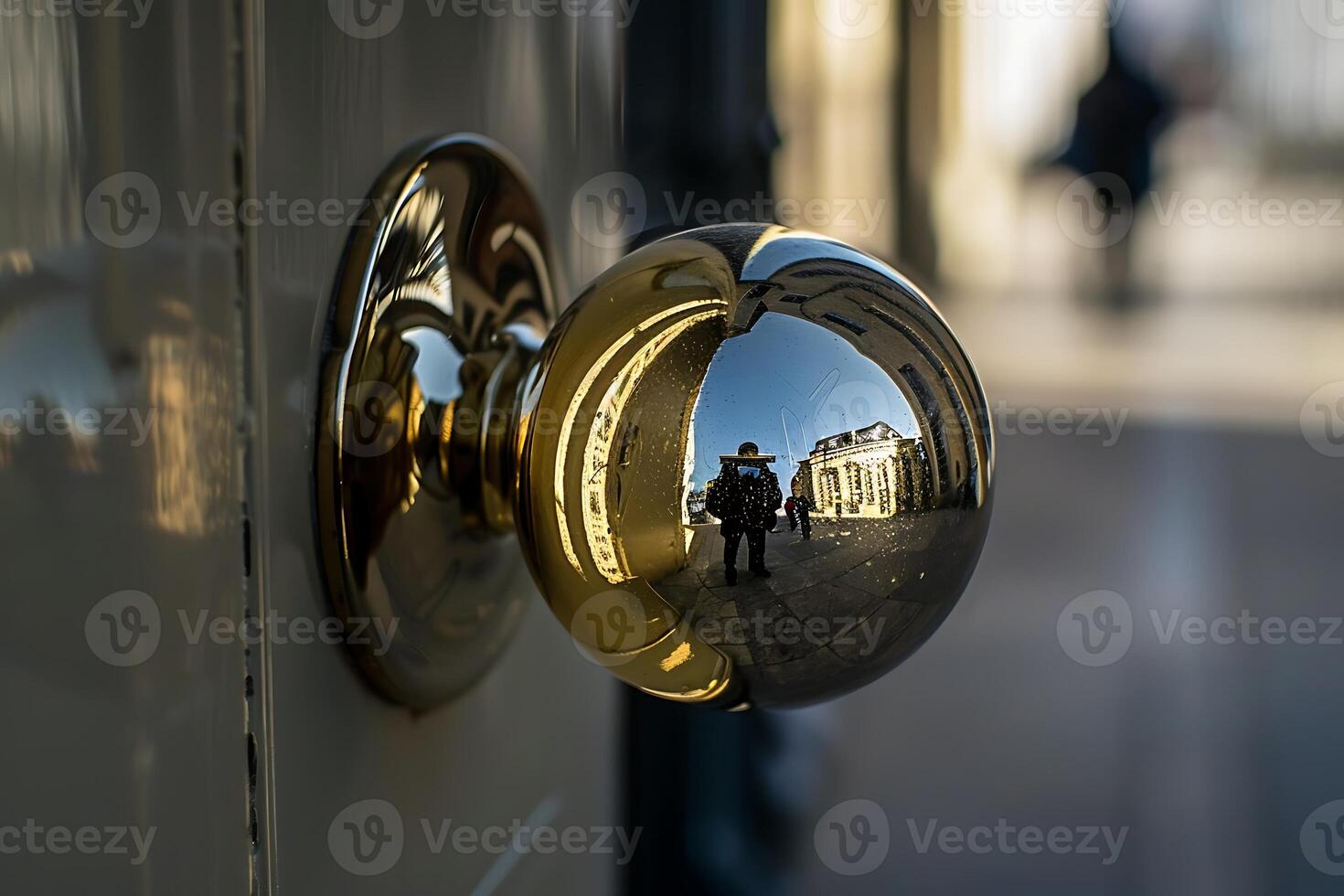 A reflection of a person in a door knob photo