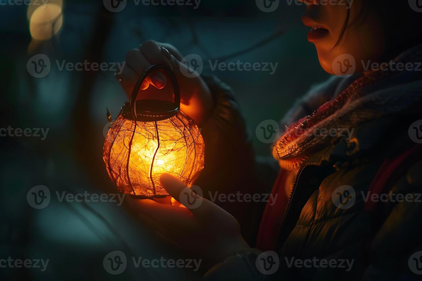 A person holding a lantern in the dark photo