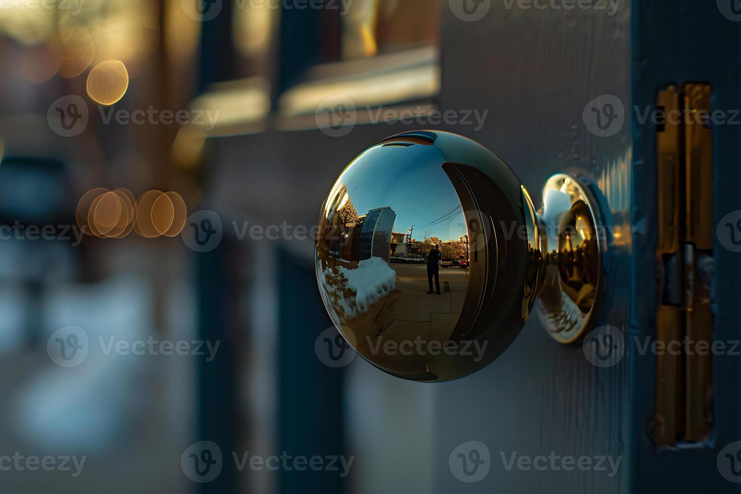 A door knob with a reflection of a person photo