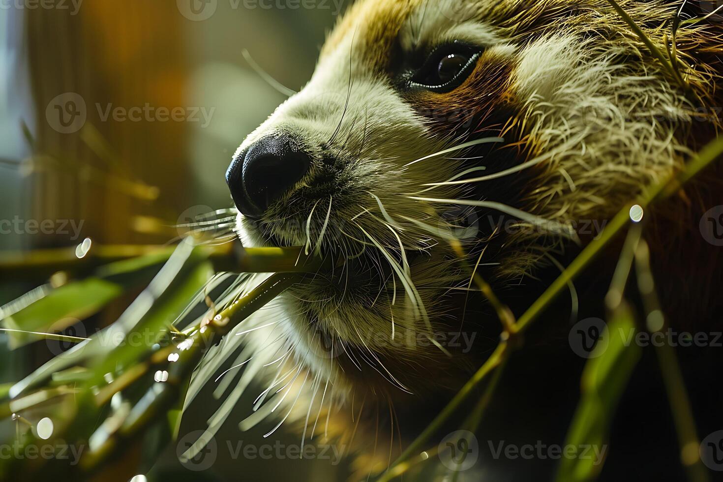 A close up of a red panda eating a bamboo branch photo