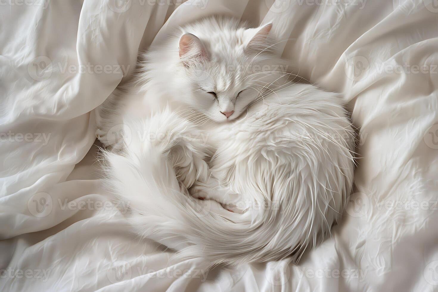 A white cat curled up in a bed photo