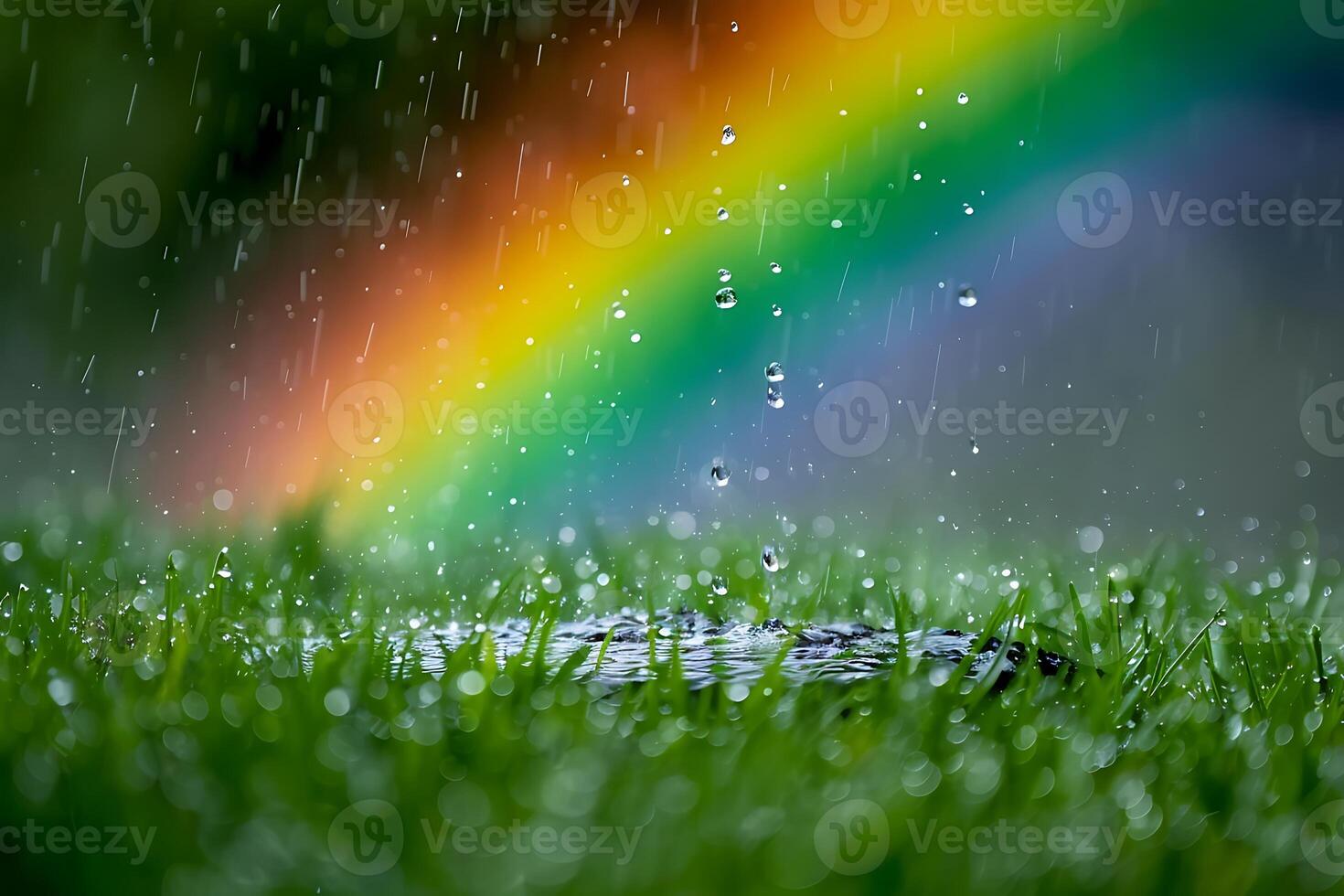 Rainbow raindrops on grass photo