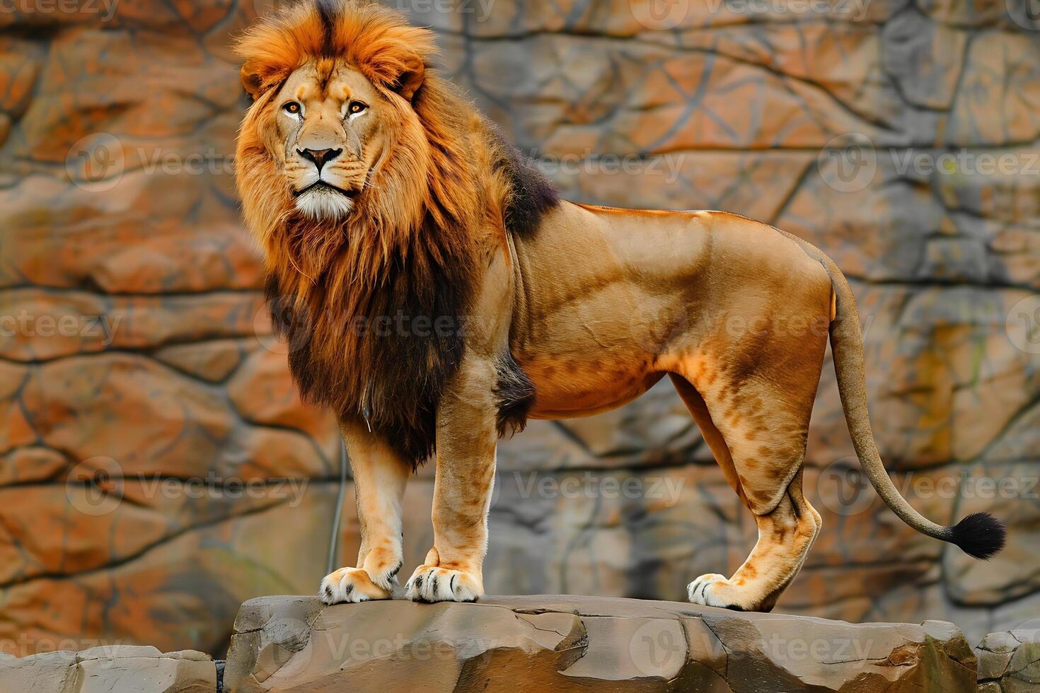 A lion standing on a rock in front of a stone wall photo