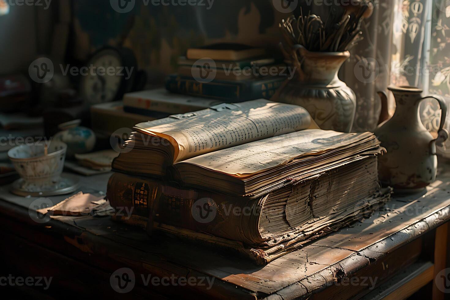 A table with books and a vase on it photo