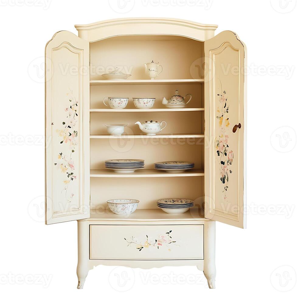 A white cabinet with a flower painted on it photo
