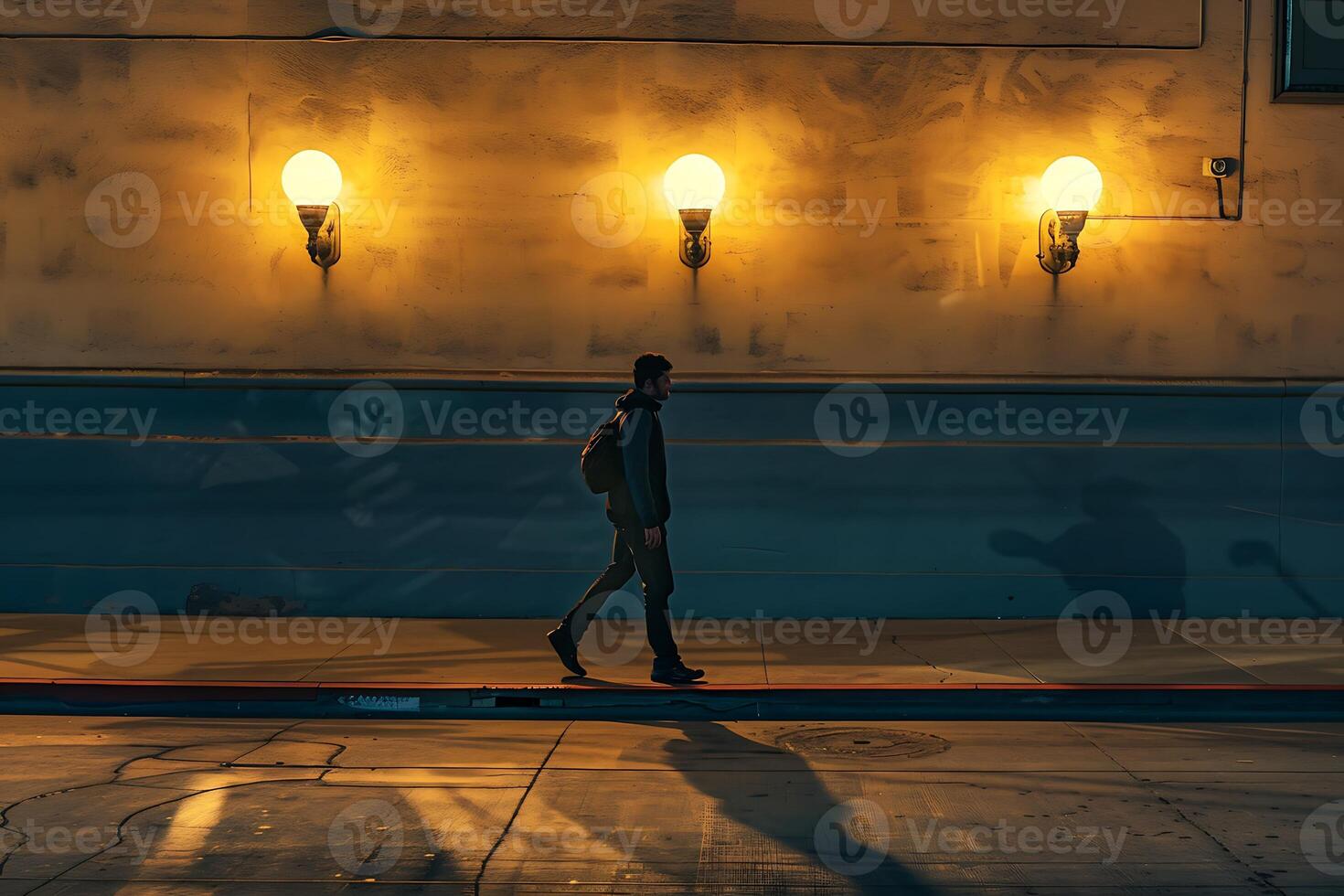 A man walking down a street at night photo