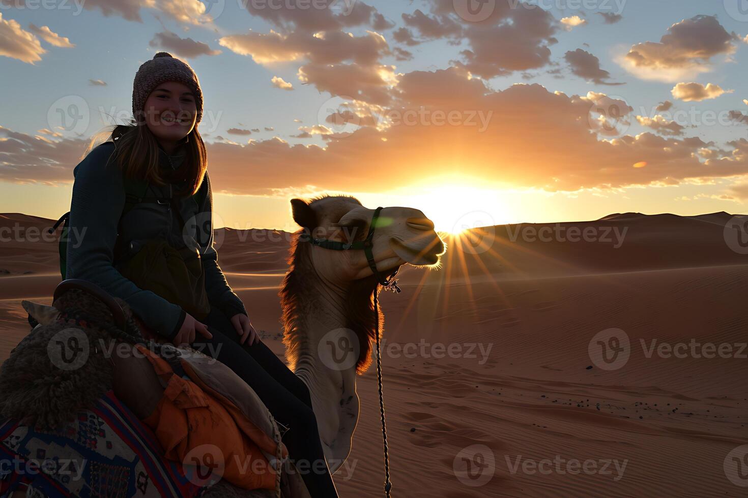 A woman riding a camel photo