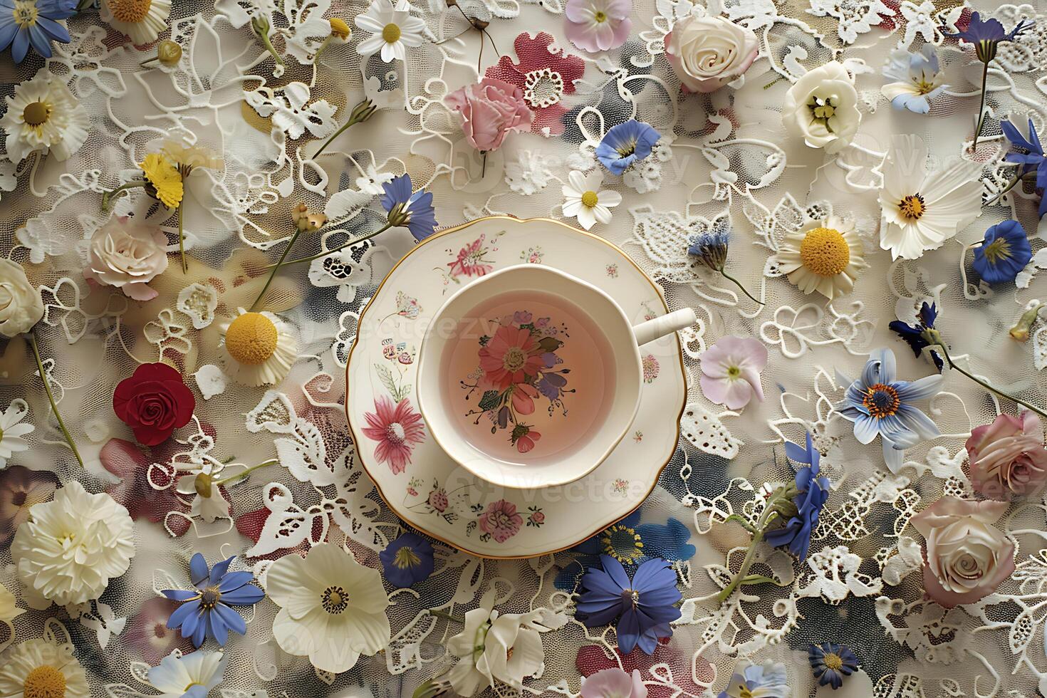 A cup of tea is sitting on a table surrounded by flowers photo