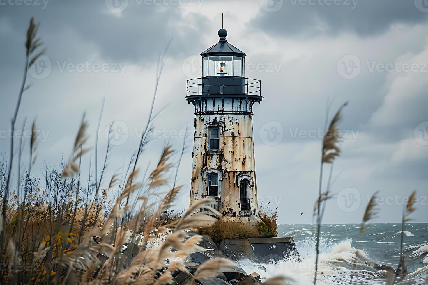 A lighthouse is surrounded by tall grass and waves photo