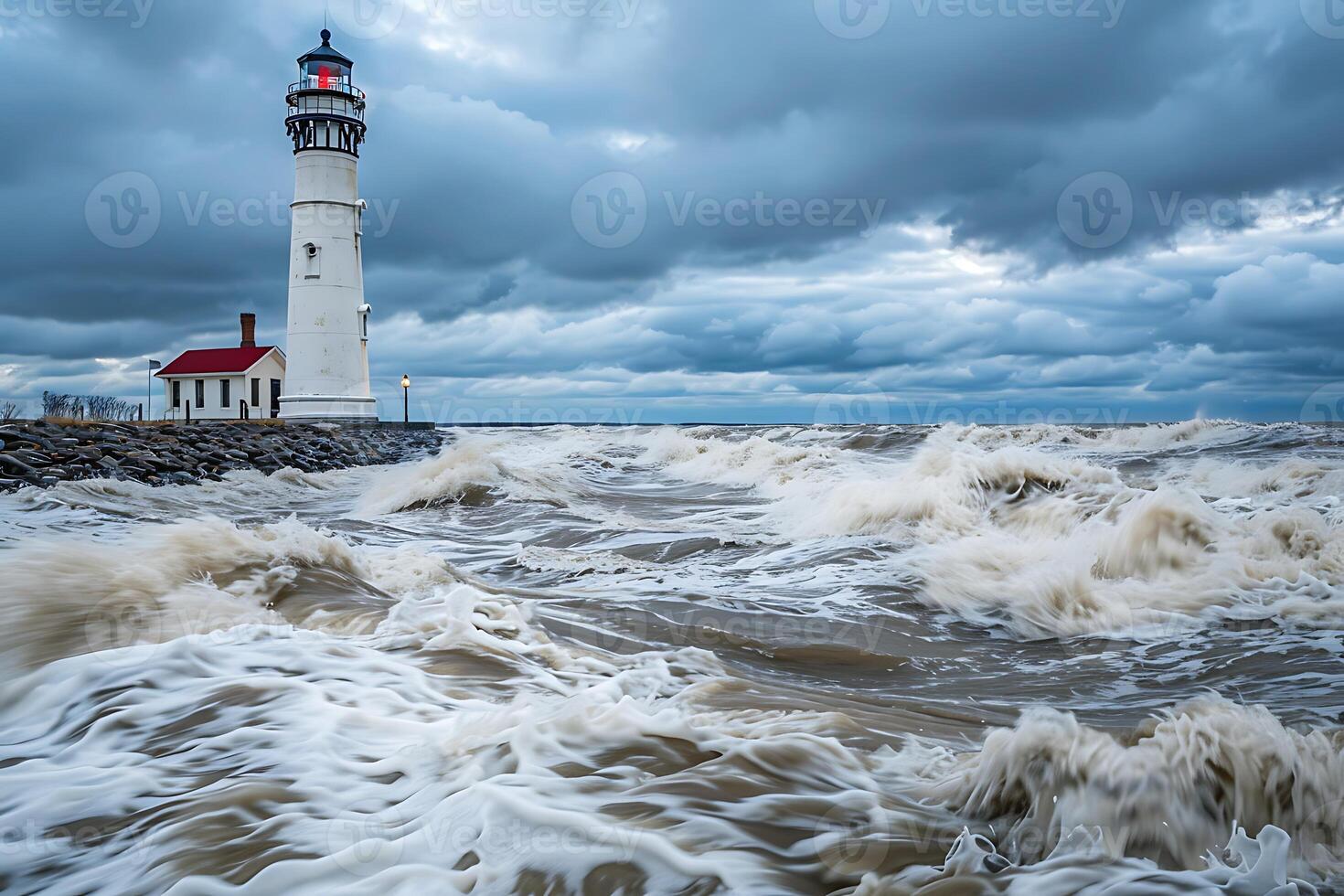 A lighthouse is surrounded by waves on a cloudy day photo