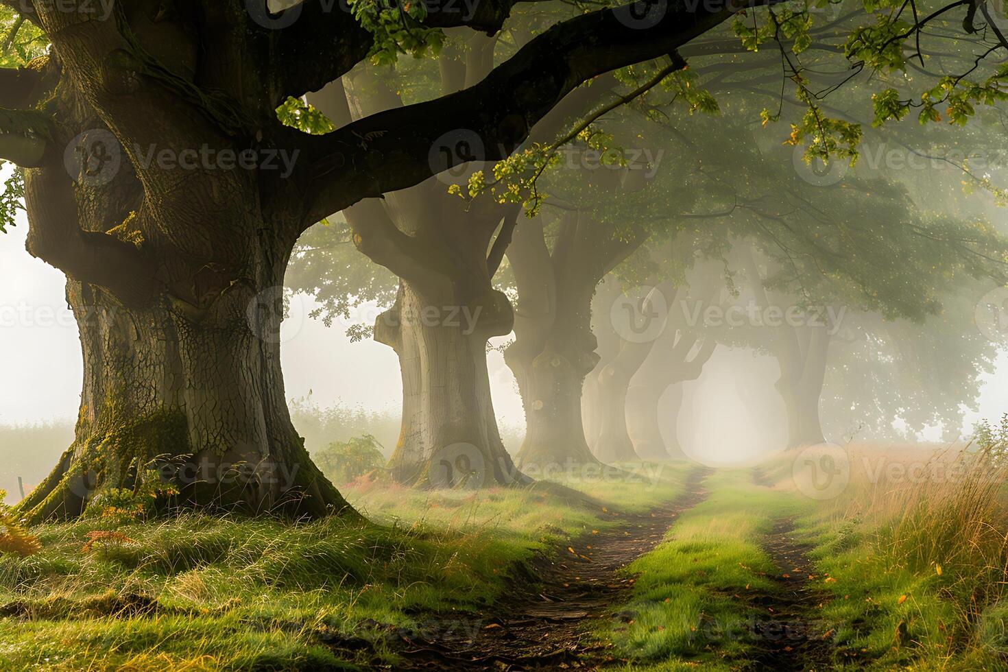 A path that is lined with trees and grass photo