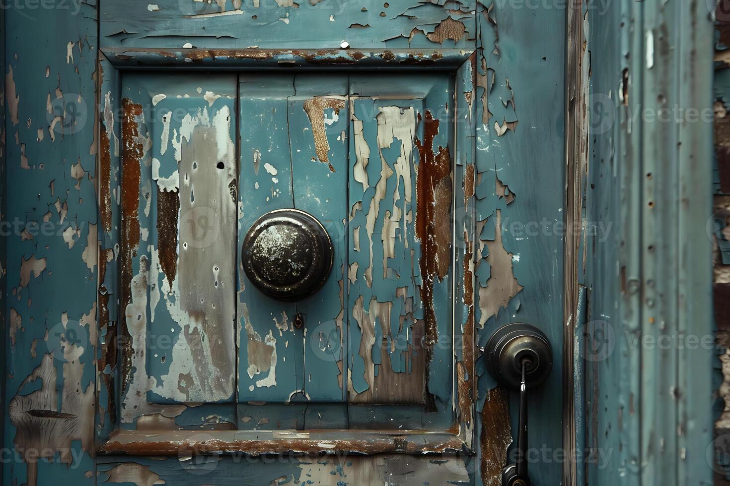 An old door with peeling paint and a knob photo
