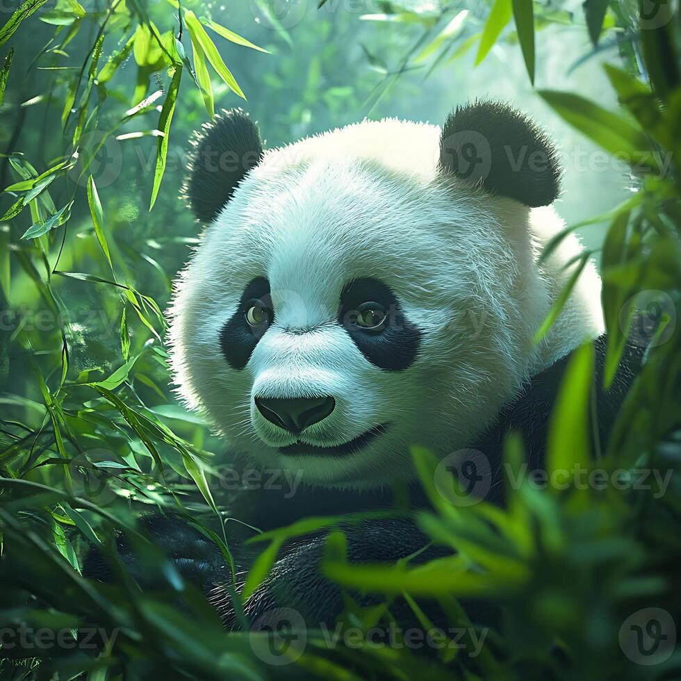 A panda bear is sitting in the grass photo